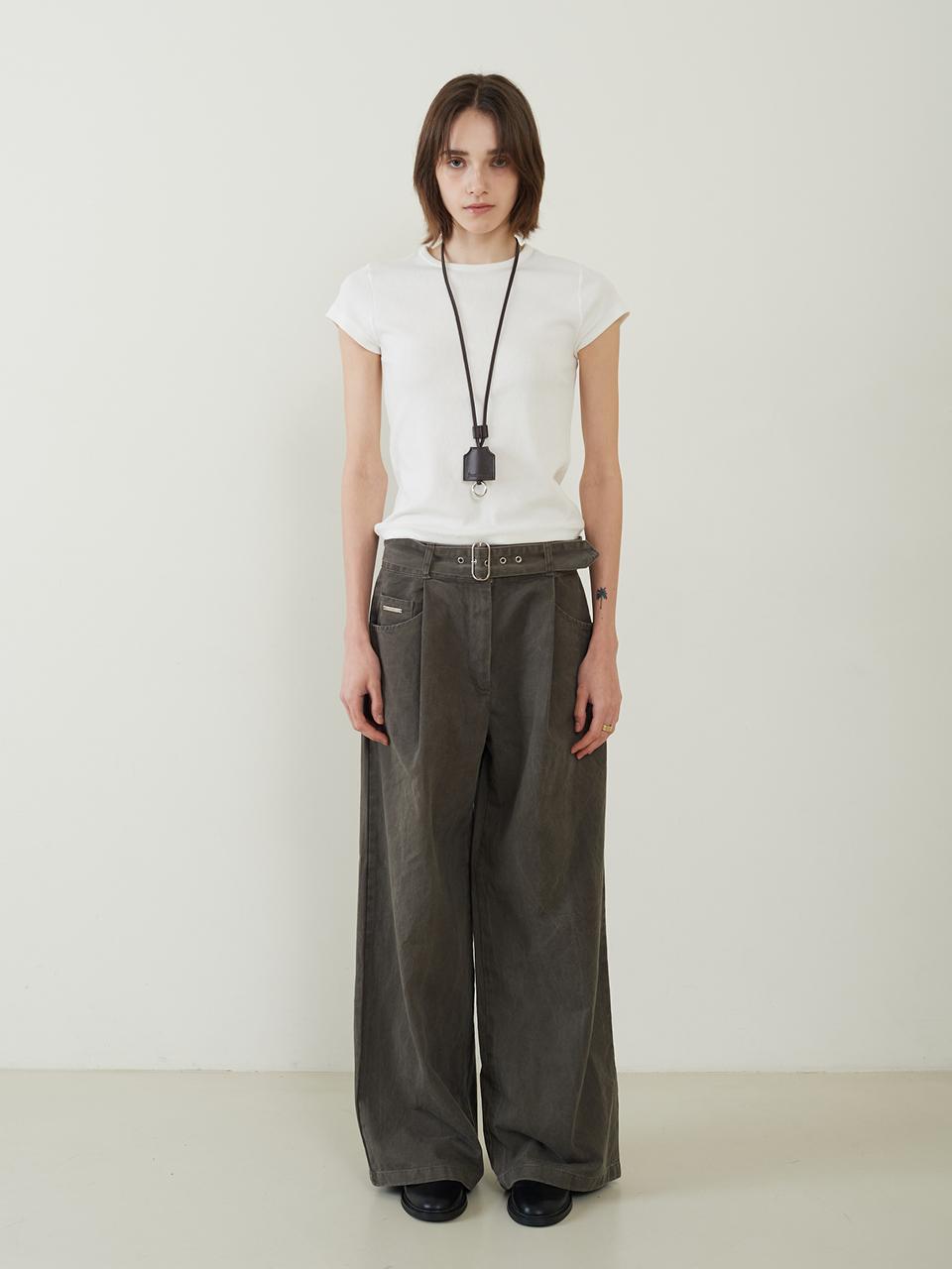 fromwhere Vintage Washed Belted Wide Pants [Brown]