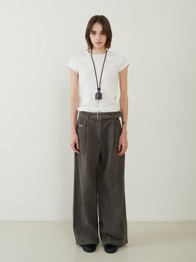 fromwhere Vintage Washed Belted Wide Pants [Brown]
