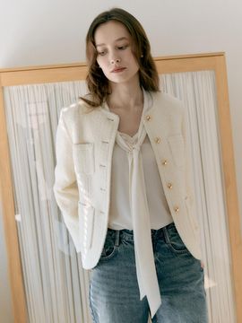 FRONTROW Boucle Round Wool Blend Tweed Jacket [Beige]