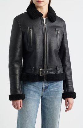 Frye Frye Leather Jacket with Genuine Shearling Trim