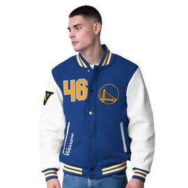 G-III SPORTS BY CARL BANKS Men's G-III Sports by Carl Banks Royal Golden State Warriors Moneyball Wool & Leather Full-Snap Varsity Jacket 