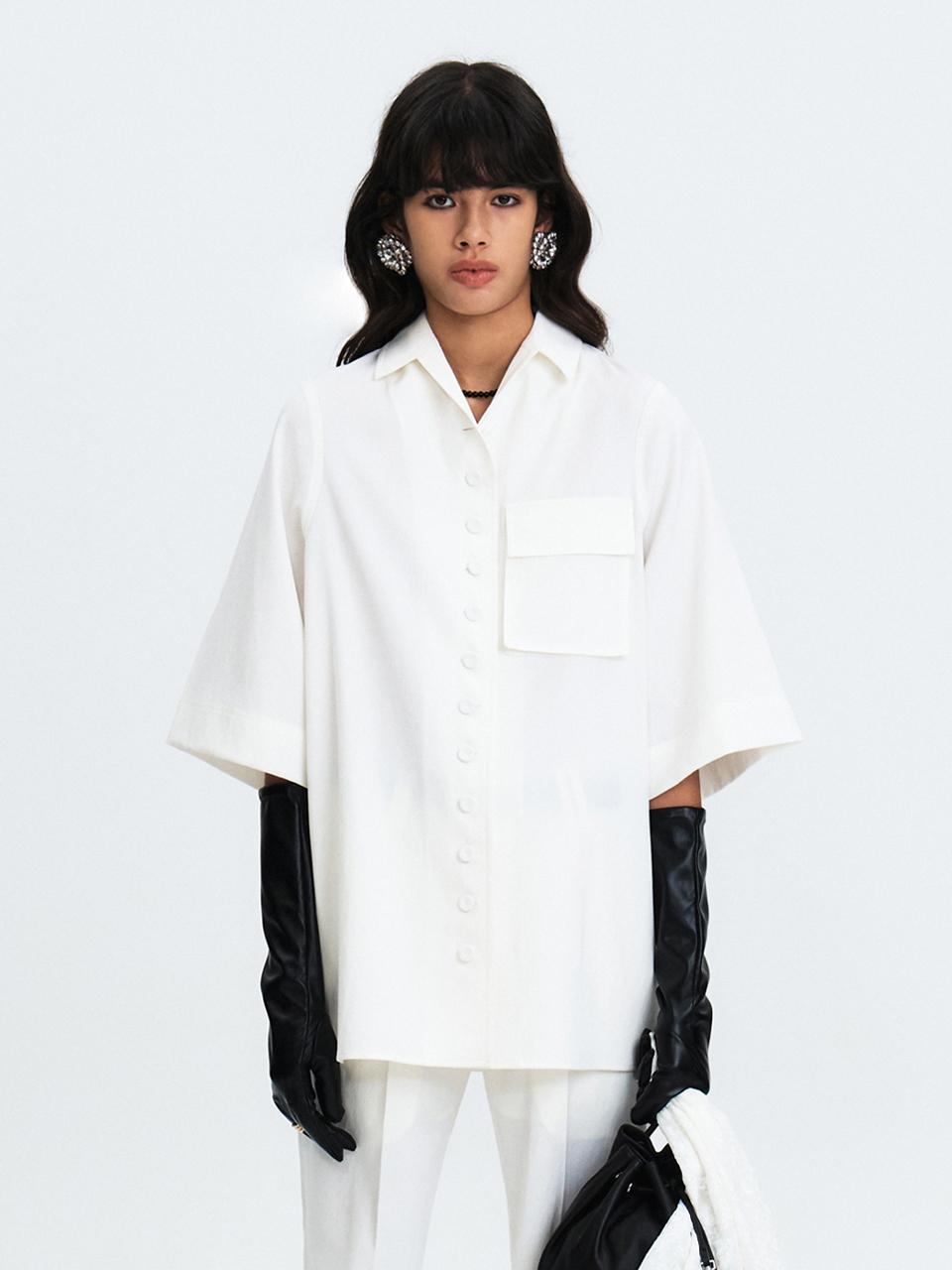 GABRIEL LEE OVERSIZED HALF-SLEEVED LINEN SHIRT [WHITE]