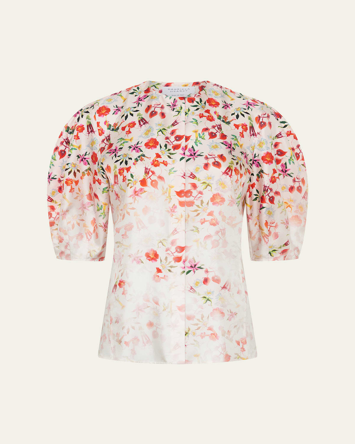 Gabriela Hearst Edify Degrade Floral Silk Puff-Sleeve Top