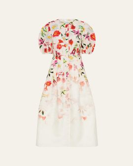 Gabriela Hearst Ignis Degrade Floral-Print Linen Puff-Sleeve Midi Dress