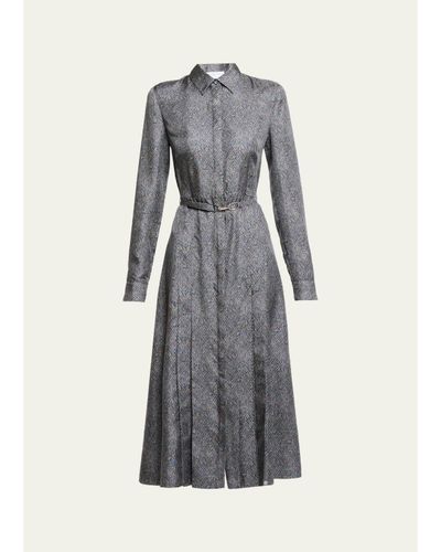 Gabriela Hearst Jane Herringbone Print Silk Belted Midi Shirtdress