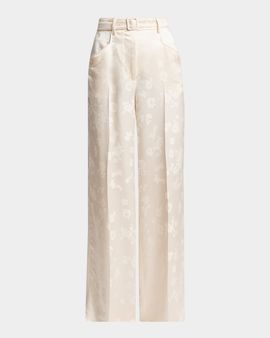 Gabriela Hearst Norman Floral Satin Jacquard Wide-Leg Pants With Belt