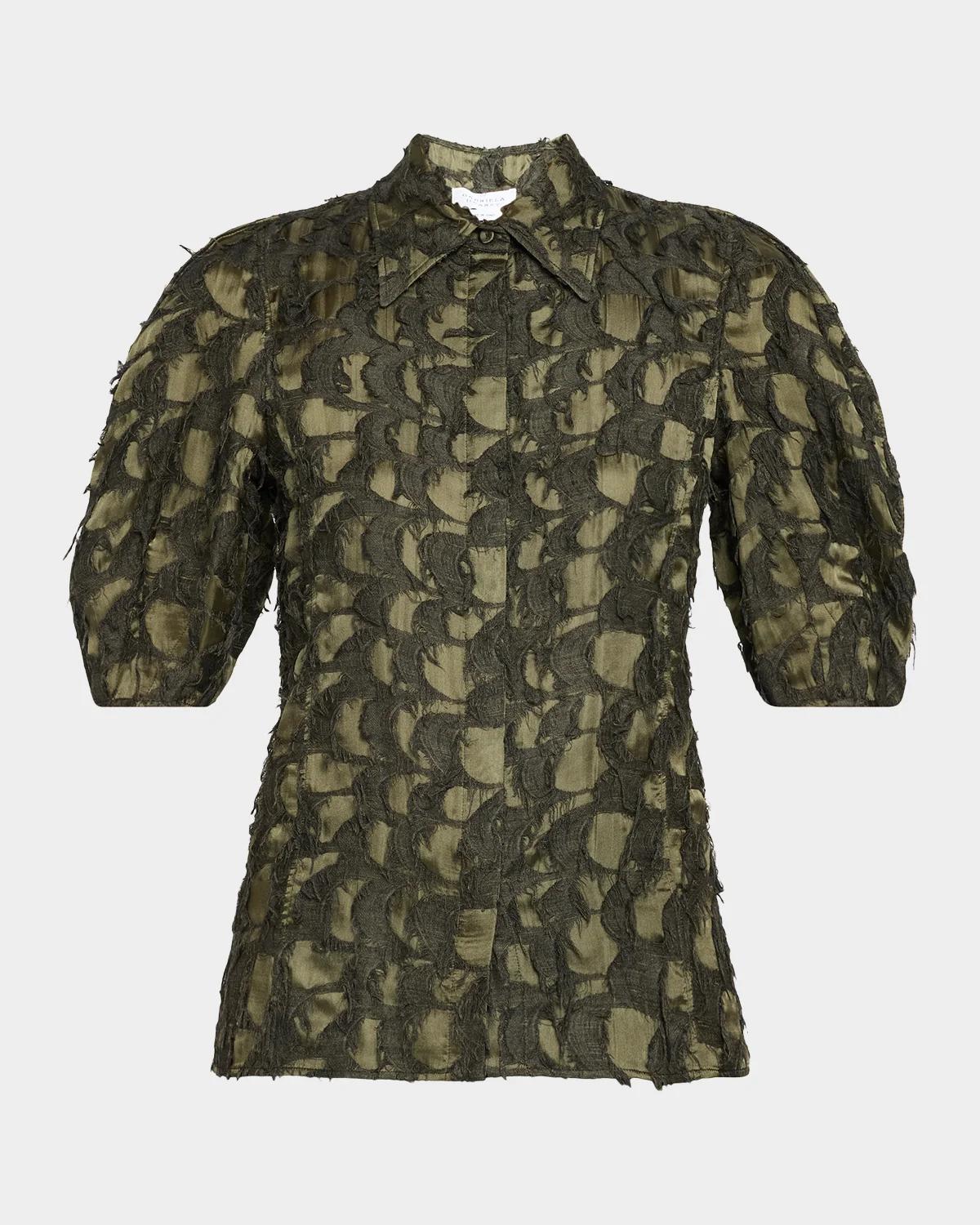 Gabriela Hearst Sansi Textured Jacquard Puff-Sleeve Button-Down Top