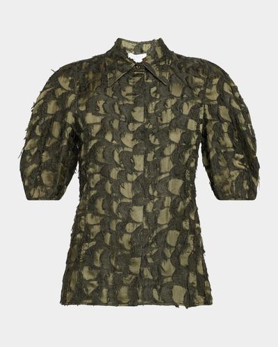 Gabriela Hearst Sansi Textured Jacquard Puff-Sleeve Button-Down Top