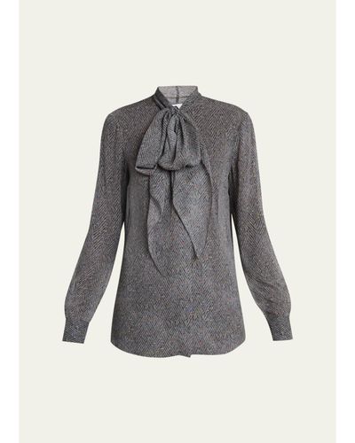 Gabriela Hearst Shildon Herringbone Silk Bow Button-Down Top