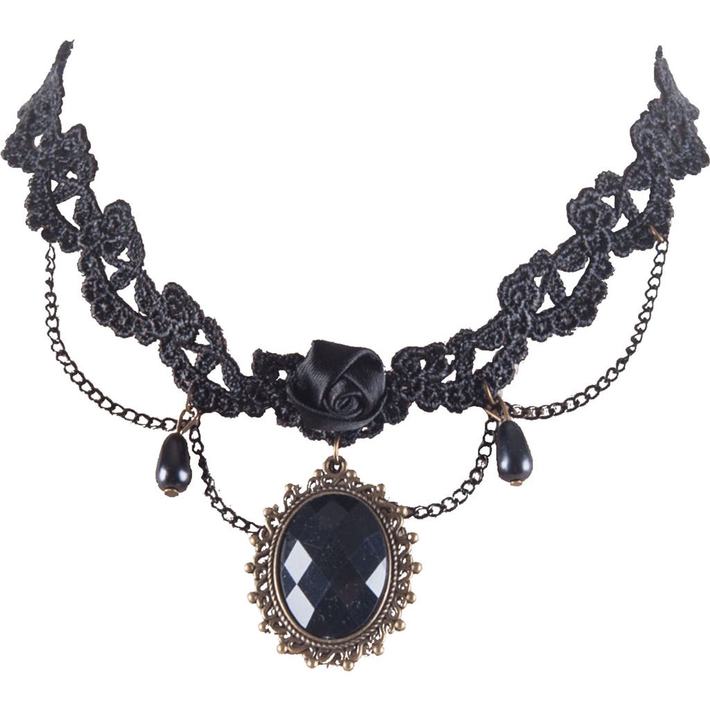 Gallerie II Gallerie II Black Gemstone Jewel & Lace Halloween Costume Choker Necklace 16" 