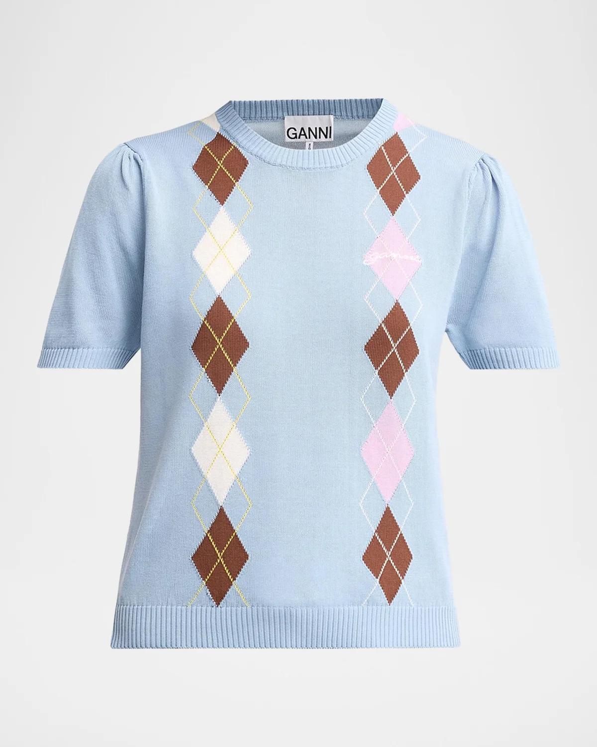 Ganni Argyle Cotton Knit Crewneck T-Shirt