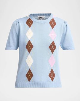 Ganni Argyle Cotton Knit Crewneck T-Shirt