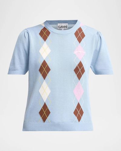 Ganni Argyle Cotton Knit Crewneck T-Shirt