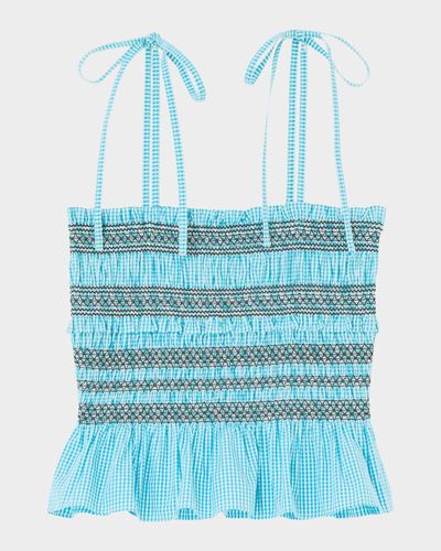 Ganni Check Smocked Cotton Top