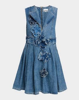 Ganni Denim Floral Appliqué Mini Dress