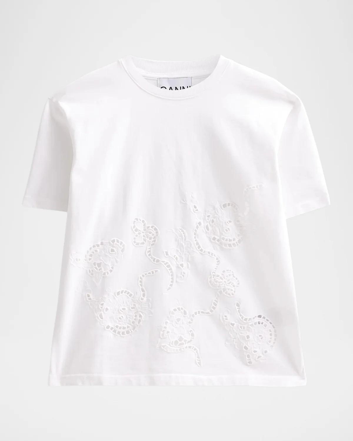 Ganni Embroidered Anglais Cotton Jersey T-Shirt