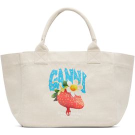 GANNI GANNI Beige Medium Trapeze Shopper Strawberry Print Tote