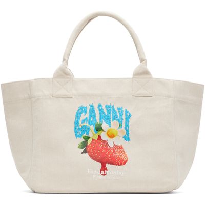 GANNI GANNI Beige Medium Trapeze Shopper Strawberry Print Tote