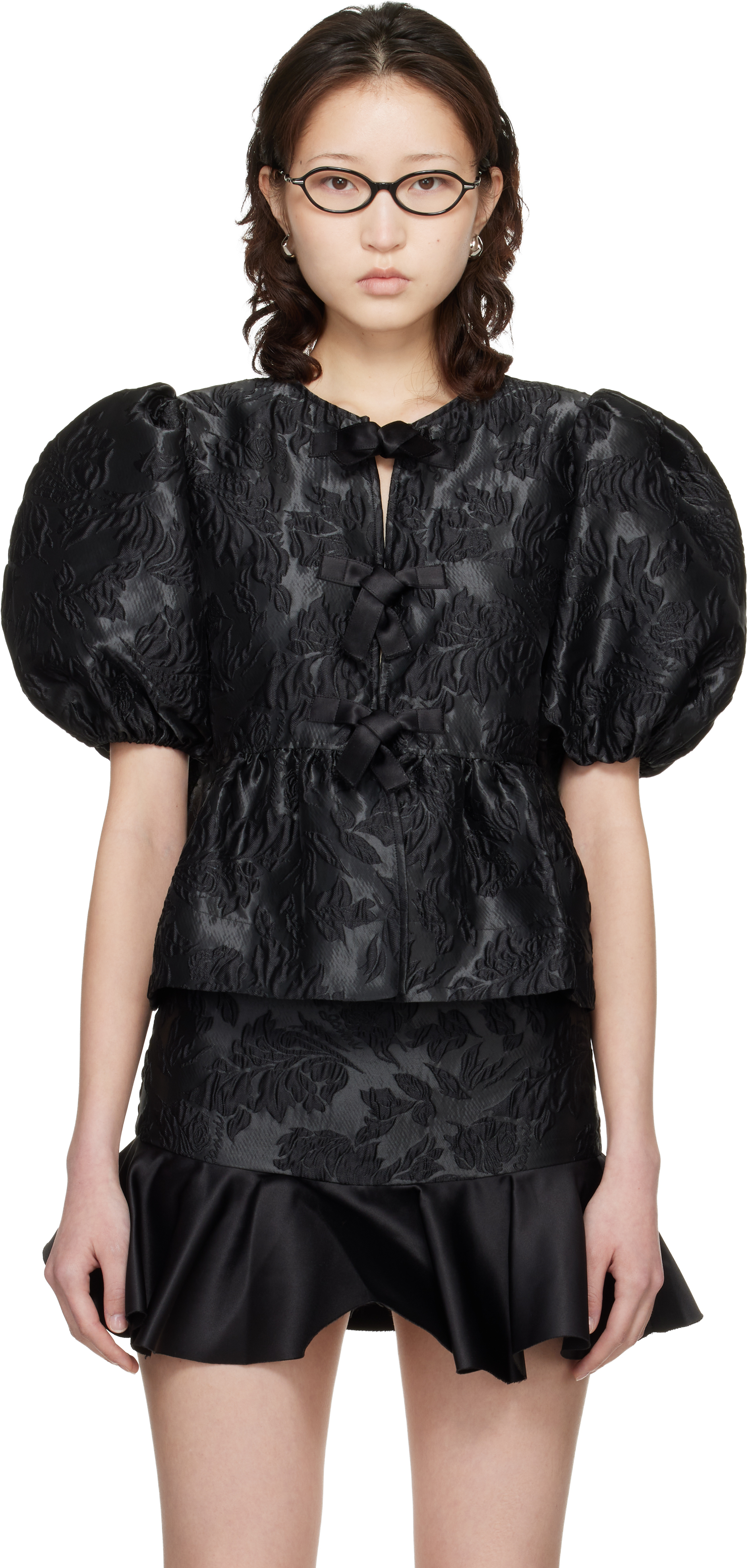 GANNI - Black Satin Peplum Tie Blouse