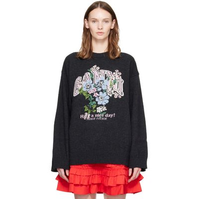 GANNI GANNI Black Wool Flowers Oversized Sweater