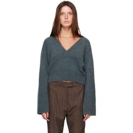 GANNI GANNI Blue Melange Mohair Deep V-Neck Sweater