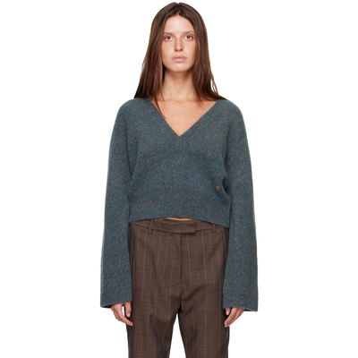 GANNI GANNI Blue Melange Mohair Deep V-Neck Sweater