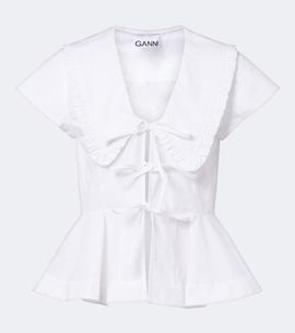 Ganni Ganni Bow-detail peplum cotton poplin blouse