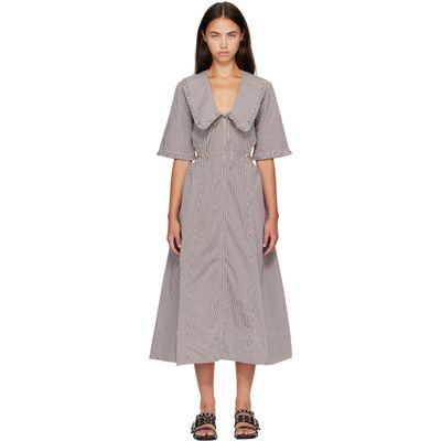GANNI GANNI Brown & White Check Cotton Cut Out Midi Dress