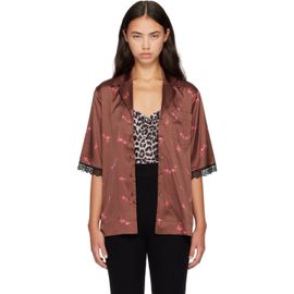 GANNI GANNI Brown Printed Sandwashed Silk Satin Bowling Shirt