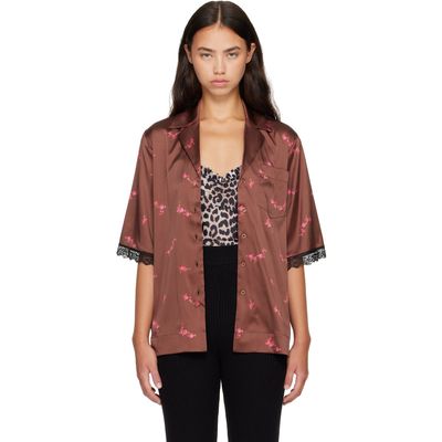 GANNI GANNI Brown Printed Sandwashed Silk Satin Bowling Shirt