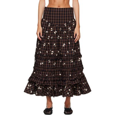GANNI GANNI Brown Yarn Dyed Check Long Tiered Frill Maxi Skirt