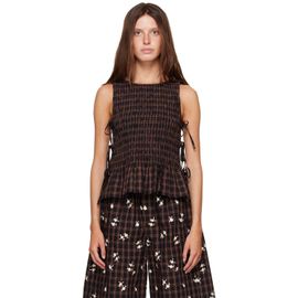 GANNI GANNI Brown Yarn Dyed Check Smocked Tie String Top