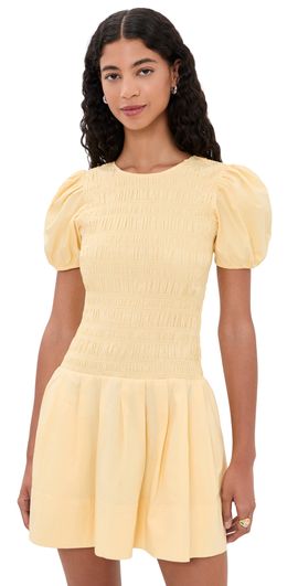 GANNI GANNI Cotton Mini Smocked Pleated Dress Italian Straw