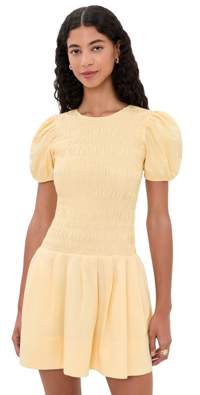 GANNI GANNI Cotton Mini Smocked Pleated Dress Italian Straw