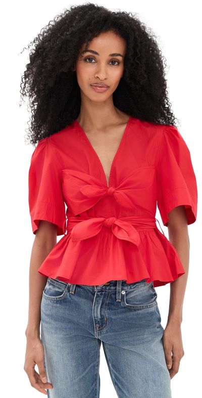 GANNI GANNI Cotton Poplin Bow Blouse Racing Red
