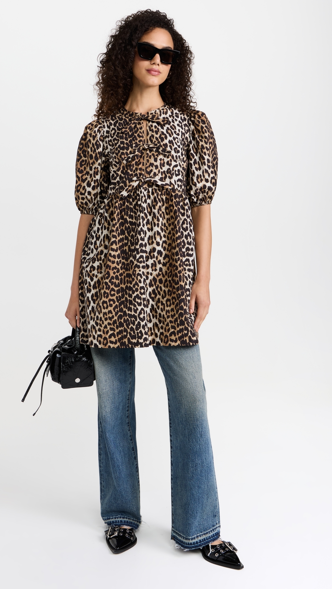 GANNI - Cotton Poplin Tie String Mini Dress Leopard 38