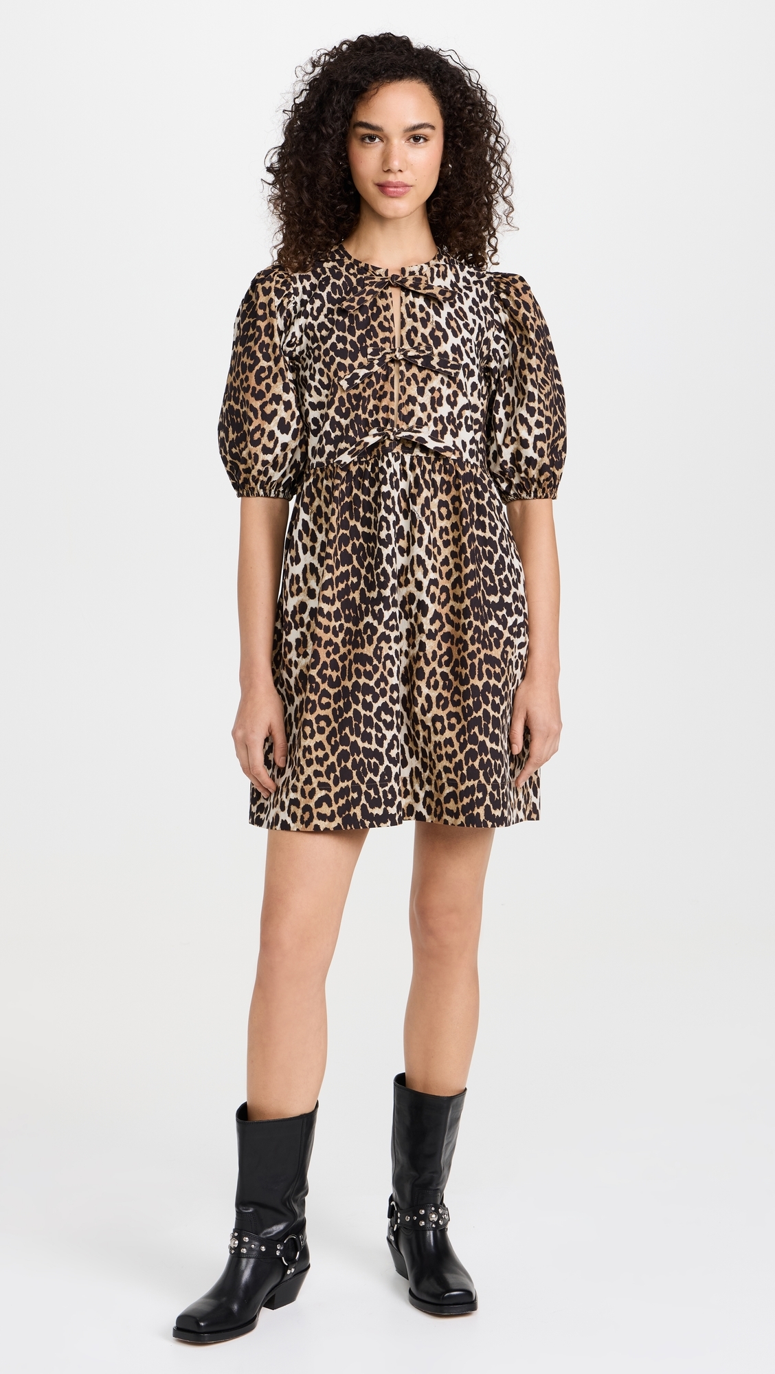 ganni tiger-print cotton-poplin mini dress NWT GANNI Printed Cotton Poplin Mini Dress Leopard Size 34 (US 2) $245