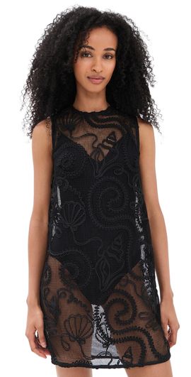 GANNI GANNI Embroidered Net Boxy Mini Dress Black