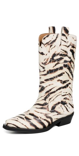 GANNI GANNI Embroidered Zebra Western Boots Egret