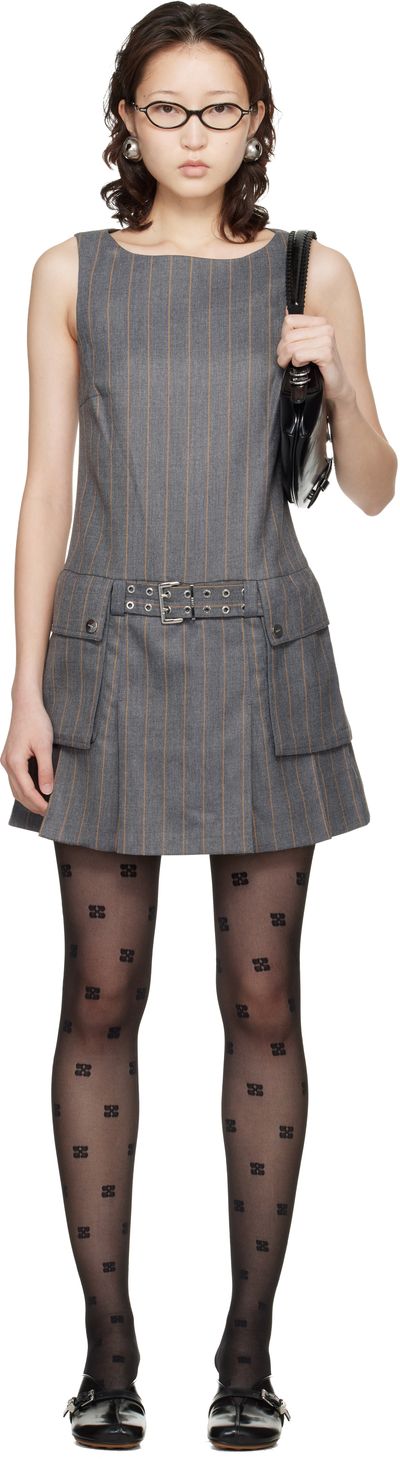 GANNI GANNI Gray Wool Stripe Belted Minidress