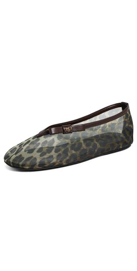 GANNI GANNI Jenny Printed Mesh Bow Ballerina Flats Almond Milk