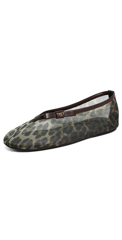 GANNI GANNI Jenny Printed Mesh Bow Ballerina Flats Almond Milk