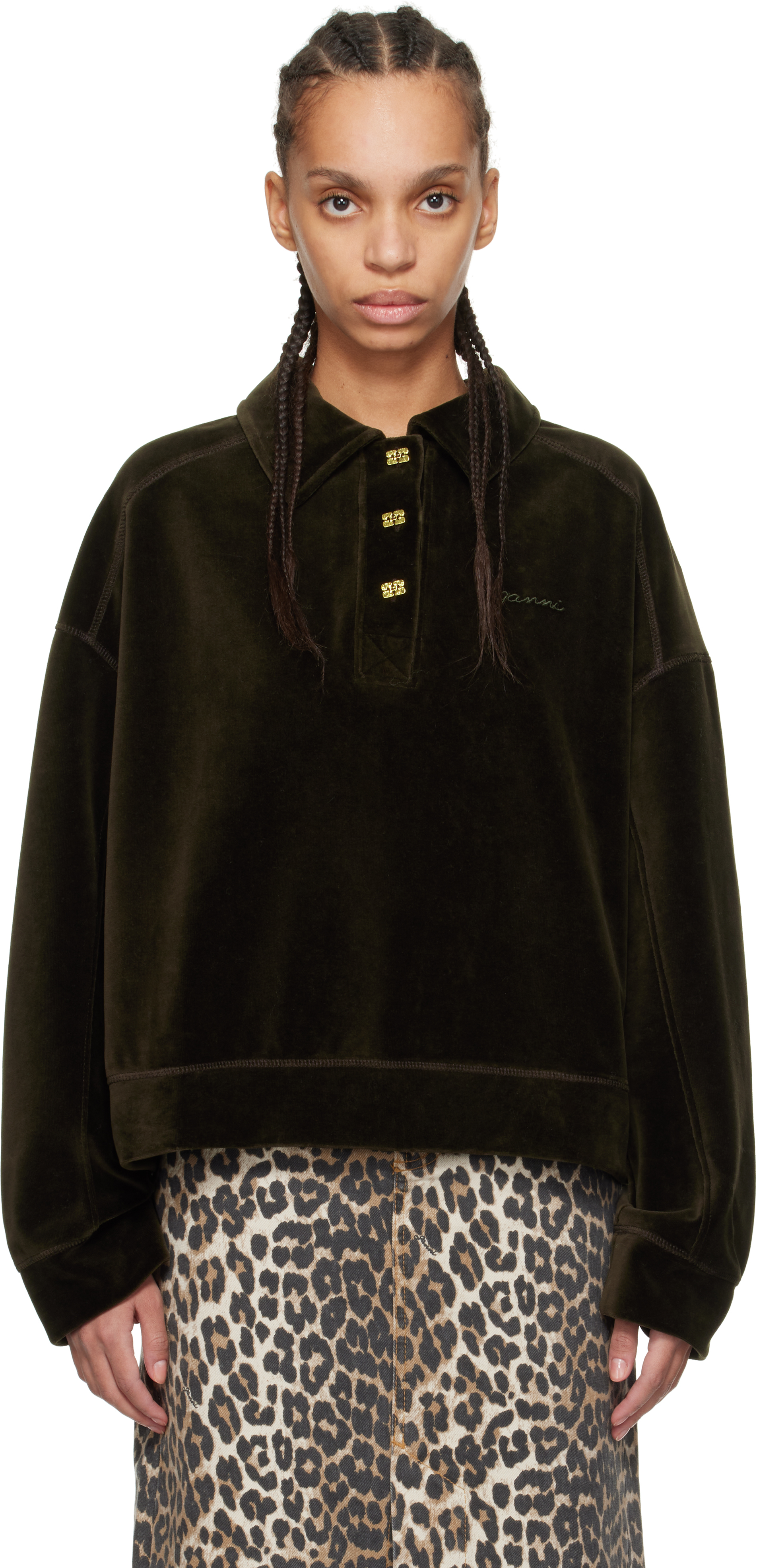 GANNI - Khaki Velour Drop Shoulder Long Sleeve Polo