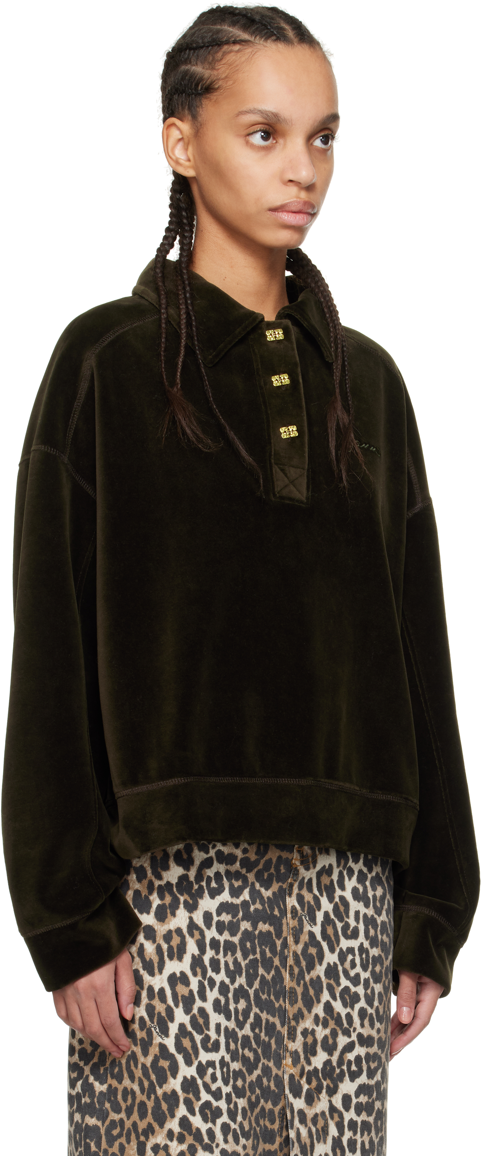 GANNI - Khaki Velour Drop Shoulder Long Sleeve Polo