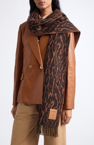 Ganni Ganni Leopard Jacquard Wool Scarf