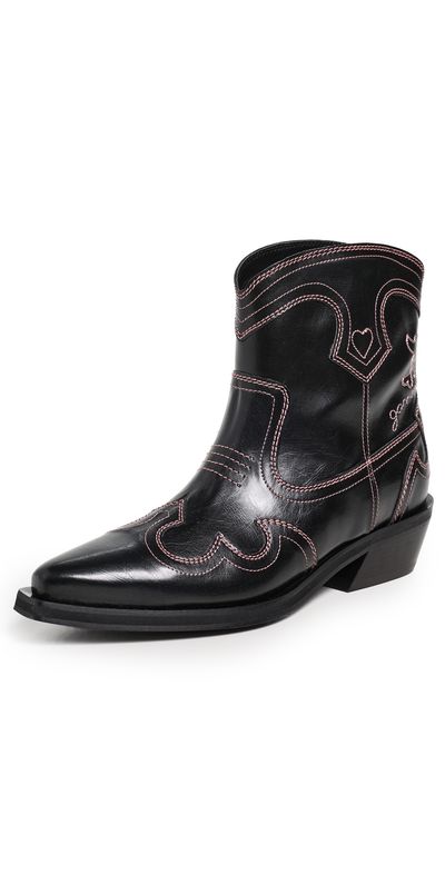 GANNI GANNI Low Shaft Embroidered Western Boots Black/Pink