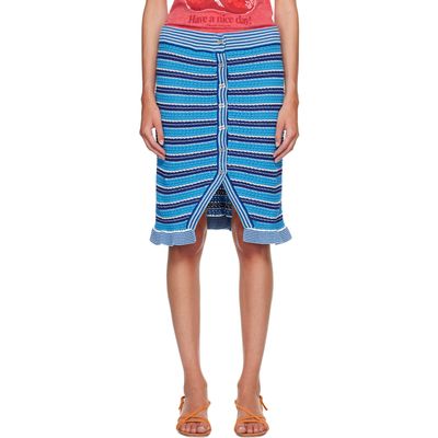 GANNI GANNI Navy Cotton Pointelle Stripe Midi Skirt