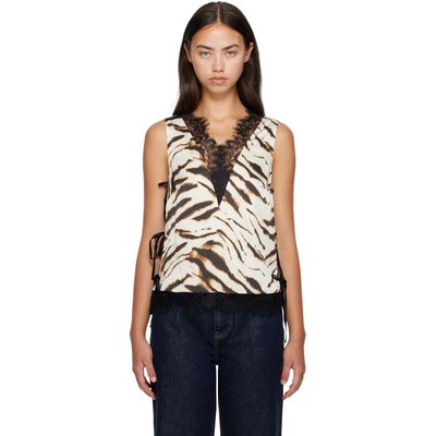 GANNI GANNI Off-White & Brown Printed Satin Top