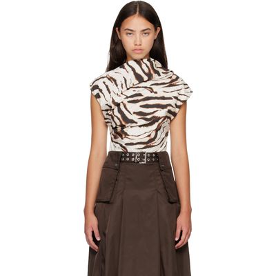 GANNI GANNI Off-White & Brown Printed Stretch Cotton Ruched Top