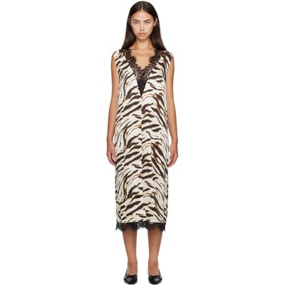 GANNI GANNI Off-White & Brown Zebra Satin Midi Dress